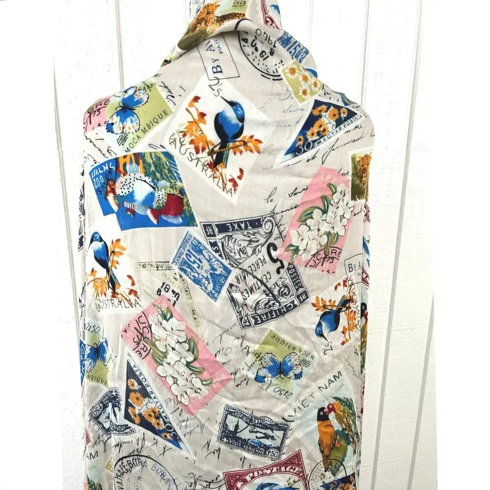 Vintage Postage Stamp Bird Butterfly Travel Print Oblong Scarf Wrap Shawl